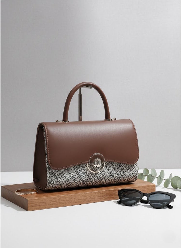 FUMES Mud brown Women’s Handbag – Smooth Finish with Patterned Fabric Panel, Structured Top Handle & Chain Strap, Elegant Office & Evening Bag - Image 2